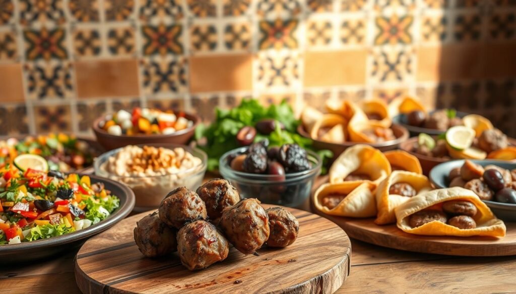 A bountiful spread of traditional Moroccan appetizers and salads, artfully arranged on a rustic wooden table. In the foreground, fragrant spiced lamb kofta, lightly charred and nestled among vibrant tabbouleh, creamy hummus, and colorful roasted vegetables. In the middle ground, flaky pastries filled with savory lamb and prunes, alongside tangy preserved lemon and mint-infused olives. The background features intricate Moroccan tilework, casting a warm, earthy glow over the scene. Soft, diffused lighting highlights the rich, inviting colors and textures of this authentic Moroccan culinary display.