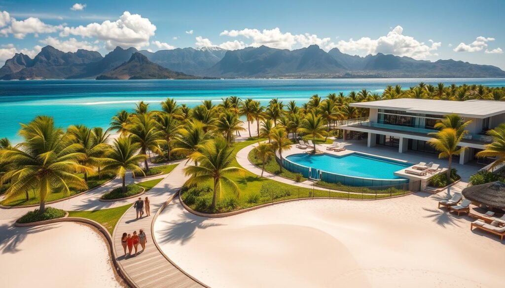 A breathtaking aerial view of a luxurious tropical island resort, with pristine white sand beaches, crystal-clear turquoise waters, and lush, verdant palm trees swaying in the gentle breeze. In the foreground, a group of well-dressed travelers in chic summer attire stroll along a winding path, pausing to admire the stunning natural scenery. The middle ground features an opulent, modern villa with sleek, contemporary architecture and a sparkling infinity pool that reflects the vibrant hues of the sky. In the background, majestic mountains rise up, their peaks capped with snow, creating a dramatic and awe-inspiring landscape. Warm, golden sunlight bathes the entire scene, infusing it with a sense of tranquility and luxury.