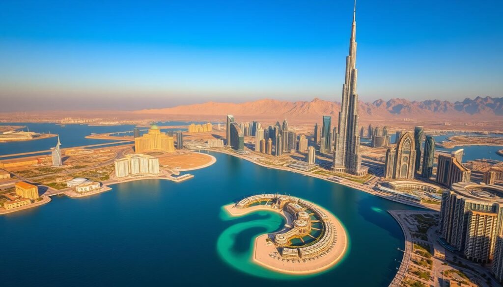 A breathtaking aerial view of the iconic Dubai skyline, with the towering Burj Khalifa piercing the azure sky. In the foreground, the dazzling Palm Jumeirah archipelago sprawls out, its distinct palm-tree shape hosting a vibrant array of modern, architectural marvels. The middle ground is dotted with shimmering skyscrapers, their glass facades reflecting the warm, golden hues of the desert sun. In the distance, the rugged Hajar Mountains provide a dramatic backdrop, their jagged peaks silhouetted against the horizon. The scene is imbued with a sense of modernity, ambition, and technological prowess, capturing the essence of Dubai's transformation into a global hub of innovation and architectural wonder.