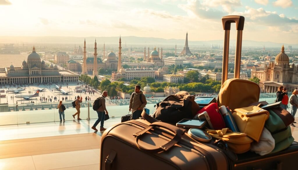 A breathtaking landscape of iconic landmarks and vibrant cultures, captured through the lens of a seasoned traveler. In the foreground, a suitcase overflowing with essential items, symbolizing the importance of travel insurance. The middle ground showcases a bustling airport terminal, filled with diverse individuals navigating the complexities of international travel. In the background, a stunning vista of renowned monuments and architectural marvels, evoking a sense of adventure and the desire to explore the world. Warm, golden lighting bathes the scene, creating a mood of anticipation and serenity. This image perfectly encapsulates the essence of "Travel Insurance: Is It Worth It?" within the broader context of "Stretch Your Dollar: Budget-Friendly Travel Hacks."