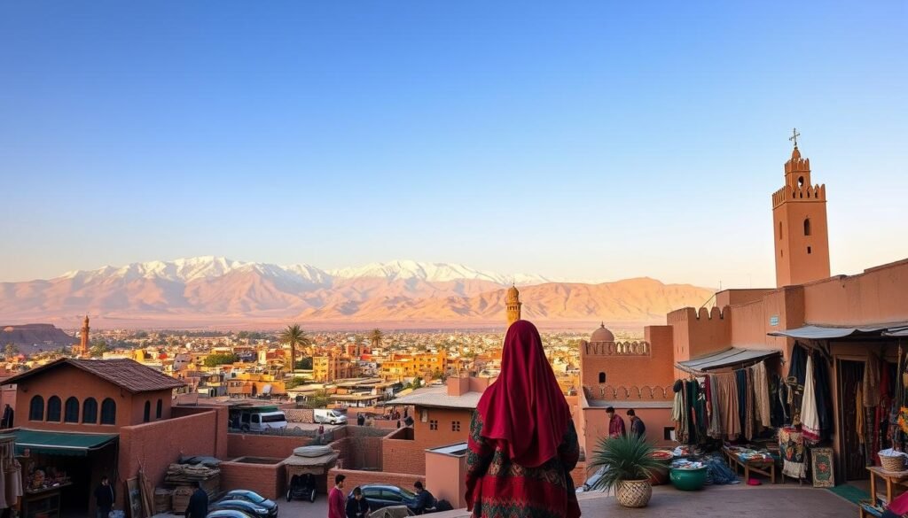 A breathtaking panorama of Morocco's diverse landscapes, captured through the lens of an expert photographer. In the foreground, a local Berber woman in vibrant, traditional dress stands amid a bustling marketplace, surrounded by the rich colors and textures of handcrafted wares. The middle ground reveals the iconic adobe architecture and towering minarets of a historic city, bathed in the warm, golden light of the sun. In the distance, majestic snow-capped peaks rise against a backdrop of rugged, ochre-hued desert, their jagged silhouettes mirrored in the still waters of an oasis. The scene exudes a sense of timeless wonder, a harmonious blend of ancient culture and natural splendor that defines the essence of Morocco's diverse terrains.
