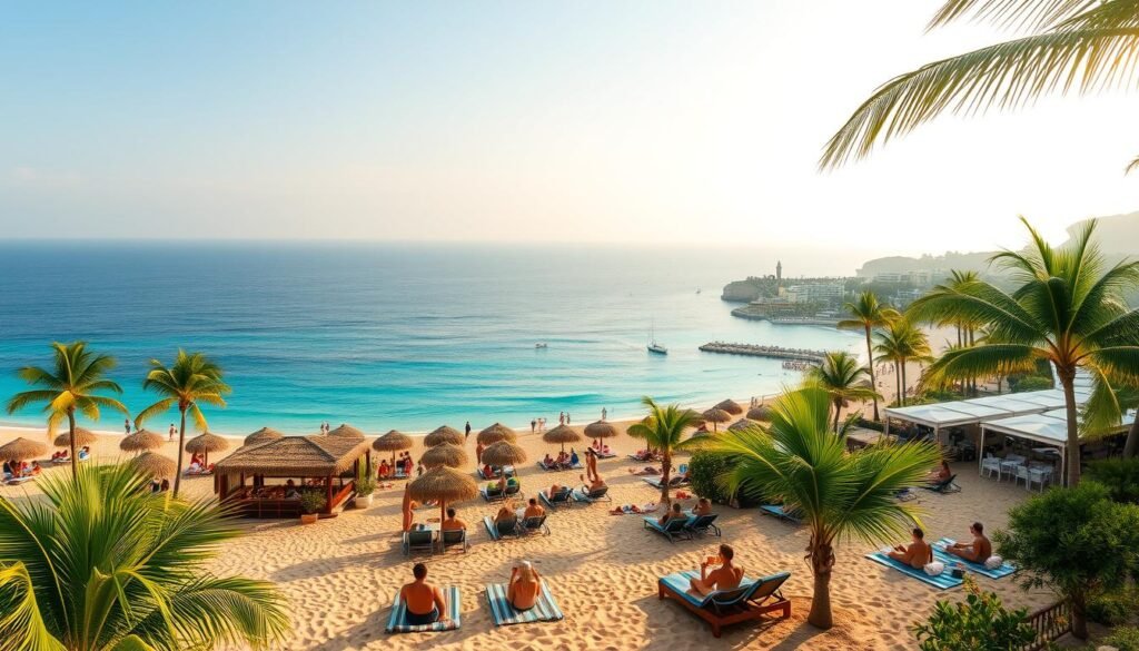 A breathtaking panorama of sun-kissed beaches, swaying palm trees, and azure waters. In the foreground, groups of sun-seekers lounge on plush towels, sipping refreshing cocktails and basking in the warm tropical glow. Scattered among the golden sands, weathered beach huts and open-air cafés invite visitors to indulge in local cuisine and embrace the laidback island lifestyle. The midground features iconic landmarks like towering cliffs, historic lighthouses, and vibrant beachfront promenades, all bathed in a soft, golden light. In the distance, the horizon stretches endlessly, a seamless blend of sky and sea, creating a sense of tranquility and escape. This captivating scene, rich in cultural charm and natural beauty, beckons travelers to discover the most popular beach destinations for their next sun-soaked adventure.