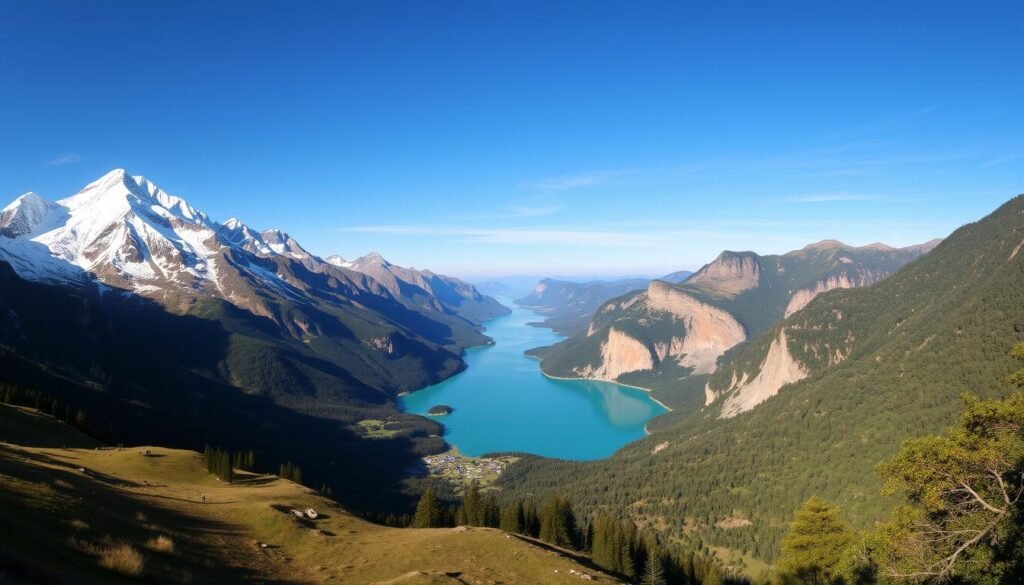 A breathtaking panorama of the world's most captivating natural wonders. In the foreground, majestic snow-capped peaks pierce the azure sky, their jagged silhouettes casting long shadows over pristine alpine meadows. In the middle ground, a serene turquoise lake reflects the towering cliffs that surround it, their weathered faces adorned with lush vegetation. In the distance, a dense tropical forest stretches out, its vibrant greens and golds basking in the warm glow of the sun. The scene is lit by soft, diffused lighting, creating a sense of tranquility and wonder. Captured through a wide-angle lens, the composition draws the viewer's eye into the depth of the landscape, inviting them to explore these breathtaking natural wonders.