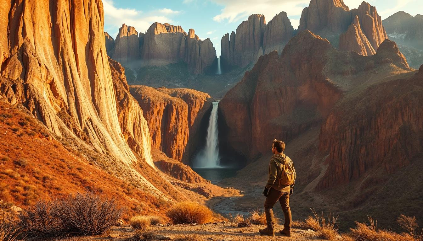 A breathtaking vista of a remote, untouched landscape unfolds before the viewer. In the foreground, a lone traveler stands in awe, dressed in rugged, weathered clothing that blends seamlessly with the natural surroundings. Towering, majestic rock formations and cascading waterfalls create a dramatic, otherworldly backdrop, illuminated by warm, golden lighting that casts a serene, enchanting glow. The scene conveys a sense of adventure, discovery, and a profound connection with the natural world, capturing the essence of unique, "off the beaten path" travel experiences.