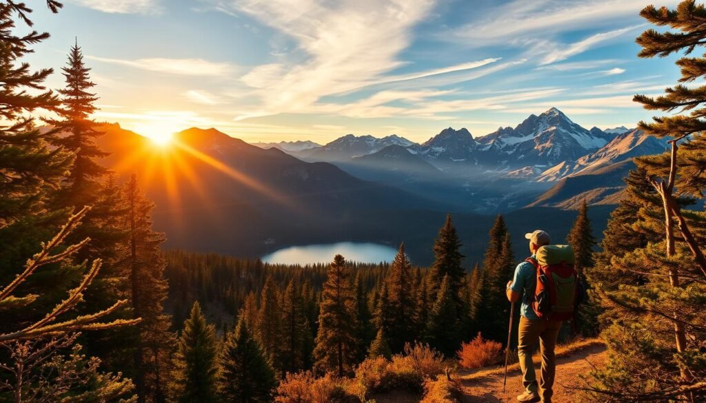 A breathtaking vista of rugged mountain peaks, their snow-capped summits reaching towards the azure sky. In the foreground, a hiker navigates a winding trail, their backpack laden with the essentials for a thrilling backpacking adventure. Lush, verdant forests frame the scene, casting dappled shadows on the path below. The warm, golden light of the setting sun bathes the landscape in a warm, inviting glow, reflecting off the serene alpine lake in the middle distance. Diverse flora and fauna abound, hinting at the wealth of natural wonders waiting to be discovered in this magnificent national park setting. An awe-inspiring scene that captures the essence of backpacking in America's most breathtaking wilderness.