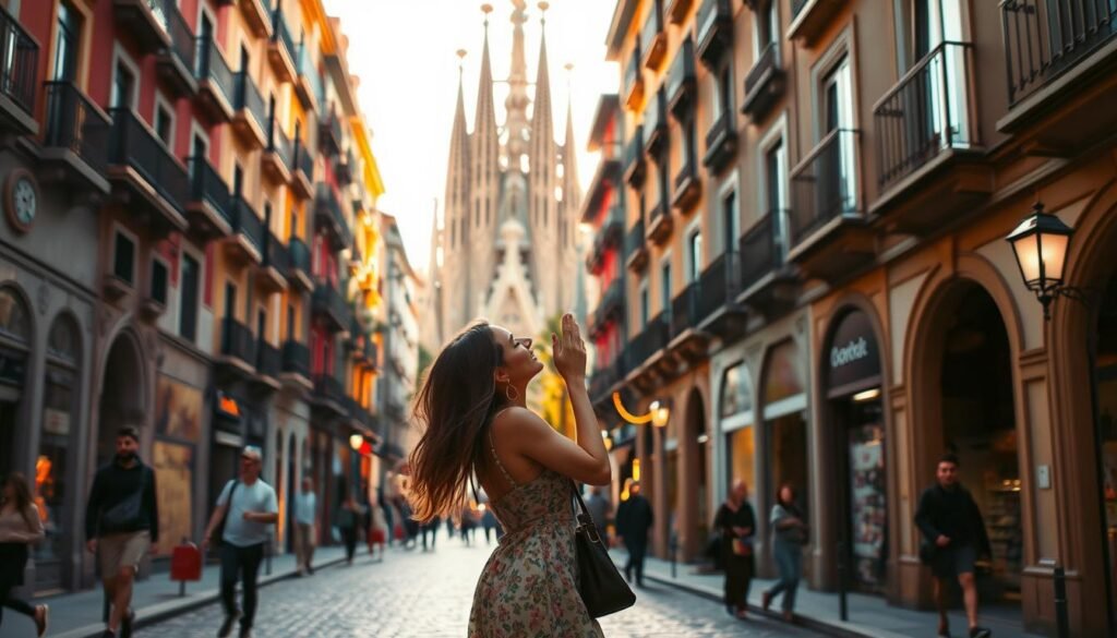 A bustling Barcelona street bathed in warm, golden light, with a couple passionately embracing in the foreground, their movement captured in a soft, romantic blur. In the middle ground, colorful facades of historic buildings line the cobblestone walkway, intricate architectural details catching the eye. The background features the iconic silhouette of Sagrada Familia, its spires reaching skyward, a testament to the city's timeless passion and artistic spirit. The scene exudes an atmosphere of intimate connection, the lovers' embrace mirroring the vibrant energy and cultural richness of Barcelona.