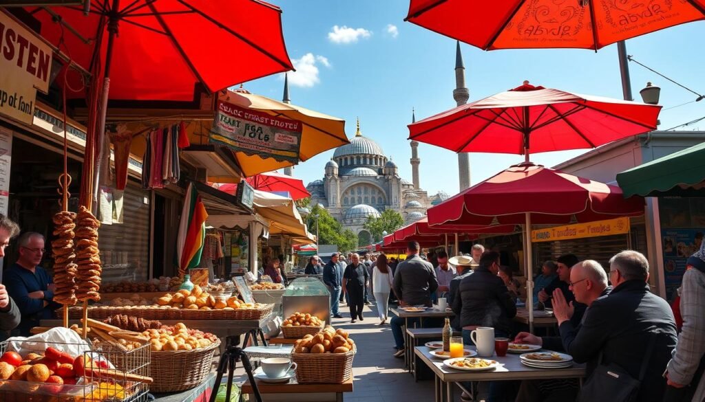 A bustling Istanbul street scene, sun-drenched and vibrant. In the foreground, vendors hawk their wares - sizzling kebabs, fragrant spices, and freshly baked simit bread. Middle-ground, colorful umbrellas shade outdoor dining tables where locals savor steaming cups of Turkish coffee and shared plates of meze. In the background, the iconic domes and minarets of the Hagia Sophia and Blue Mosque rise majestically, framed by a cloudless sky. The scene captures the crossroads of cultures, where East meets West in a symphony of sights, sounds, and tantalizing aromas. Cinematic lighting and a wide-angle lens accentuate the energy and immersive atmosphere of this quintessential Istanbul street food experience.