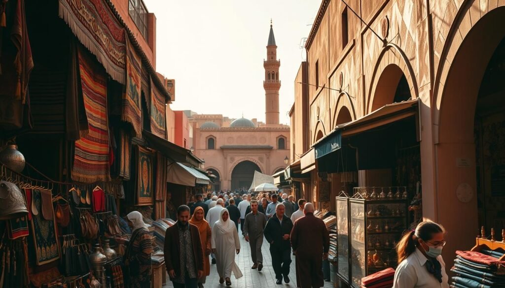 A bustling Marrakech souk, bathed in warm, golden light. In the foreground, vendors display vibrant tapestries, leather goods, and intricate metalwork. Shoppers in traditional Moroccan clothing weave through the narrow alleyways, haggling with merchants. In the middle ground, towering archways and ornate doorways frame the scene, hinting at the city's rich cultural heritage. In the background, the iconic minaret of a nearby mosque rises against a cloudless sky, casting long shadows across the cobblestoned streets. The air is thick with the scents of spices, mint tea, and freshly baked bread, creating a sensory experience that encapsulates the cultural melodies of Marrakech.