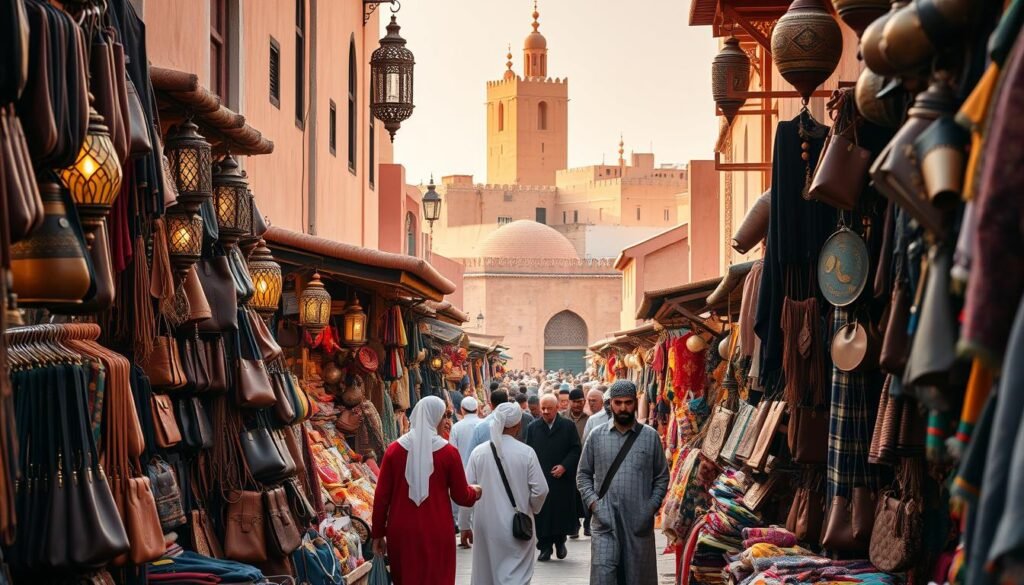 A bustling Marrakech souk, its narrow alleyways lined with vibrant stalls selling traditional Moroccan wares. Intricate leather goods, ornate lanterns, and colorful textiles fill the foreground, drawing the eye inward. In the middle ground, merchants haggle with customers, their traditional djellaba robes and turbans adding to the authentic atmosphere. The background features the iconic architecture of the old city, with its towering minarets and domed roofs bathed in warm, golden light. The overall scene exudes the sights, sounds, and scents of a quintessential Moroccan marketplace, inviting the viewer to immerse themselves in the local shopping experience.