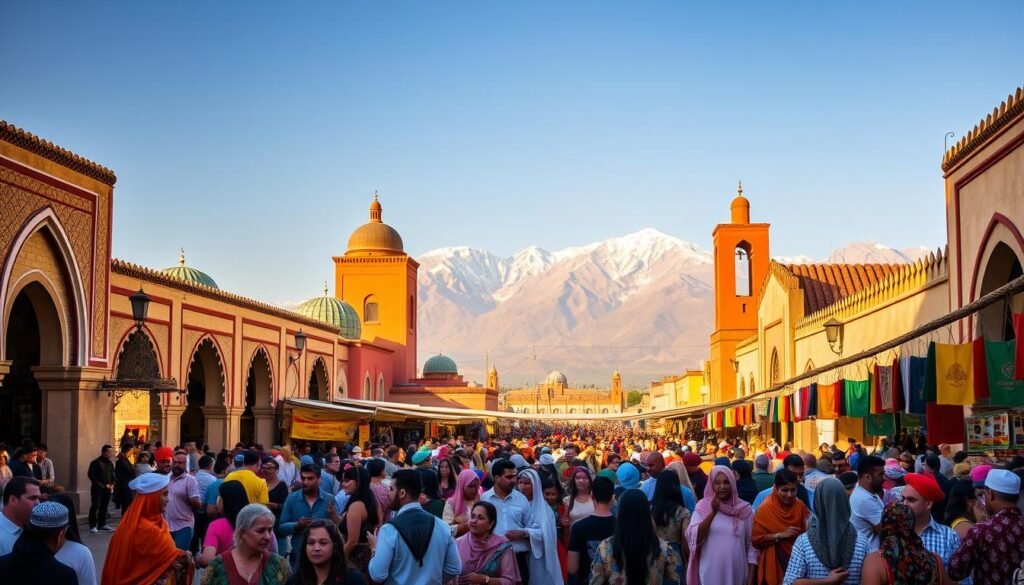 A bustling Moroccan festival scene, bathed in warm afternoon light. In the foreground, vibrant crowds of people in traditional colorful garments - djellabas, kaftans, and turbans - mingle and dance to the rhythm of live music. In the middle ground, ornate archways and domed buildings, their intricate tilework glimmering, frame a lively marketplace filled with vendors selling handcrafted goods, spices, and local delicacies. In the background, towering snow-capped mountains loom, creating a majestic backdrop to the joyous festivities. The scene exudes an atmosphere of cultural celebration, with a sense of timelessness and wonder.