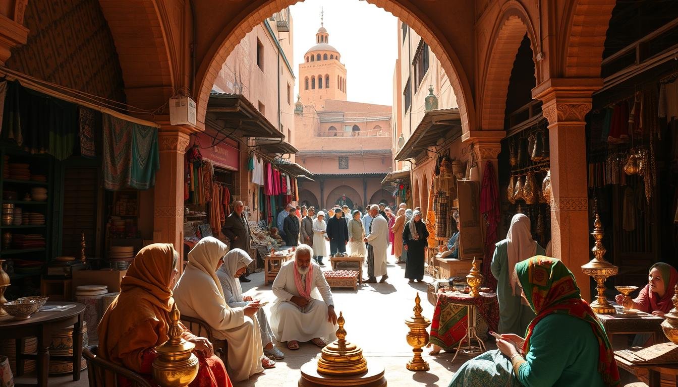 A bustling Moroccan marketplace, hidden from the main streets, with artisanal shops and local vendors adorned in vibrant fabrics, selling handcrafted goods and spices. Sunlight filters through the intricately carved archways, casting warm, golden hues across the scene. In the foreground, a group of locals sipping mint tea, their traditional djellaba robes and colorful headscarves creating a captivating tableau. In the middle ground, skilled craftsmen sculpting intricate brass lamps and weavers working on intricate Berber rugs. In the background, the iconic architecture of Marrakech's ancient medina, with its towering minarets and reddish-brown mud-brick buildings. An atmosphere of timeless, cultural richness and hidden delights.
