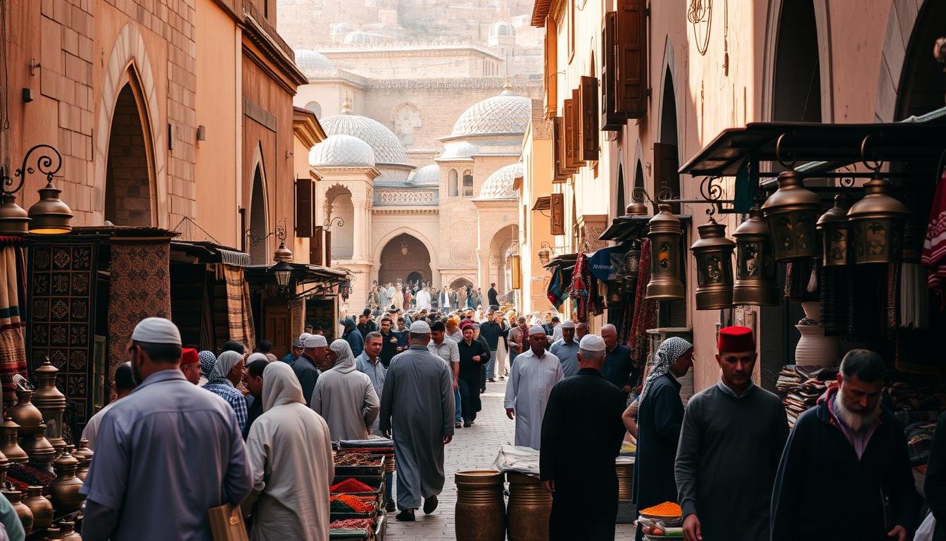 A bustling Moroccan marketplace in Fez, the spiritual and cultural capital. In the foreground, vendors in traditional djellaba robes and fez hats peddle their wares - handwoven rugs, copper lanterns, and spices in vibrant hues. The middle ground features the iconic minarets and domes of historic mosques, their intricate tilework and arched entrances casting long shadows. In the background, the winding, cobblestone streets of the Medina are dotted with merchants and locals going about their daily lives. Warm, golden light filters through the narrow alleyways, imbuing the scene with a timeless, mystic atmosphere.