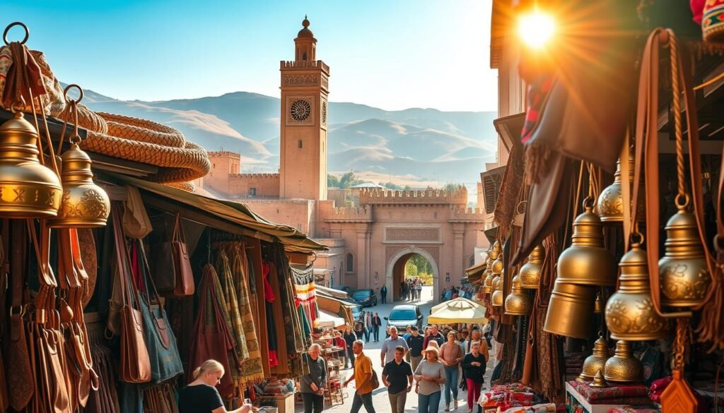 A bustling Moroccan marketplace in the heart of the ancient city of Fez. In the foreground, intricate handcrafted leather goods, vibrant textiles, and gleaming brass lamps beckon passersby. The middle ground features the iconic architecture of the Fez Medina, with its towering minaret and ornate arched entryways. In the background, the rolling hills and azure sky create a serene, timeless atmosphere. Warm, golden sunlight filters through the narrow alleyways, casting a soft glow over the scene. The atmosphere is one of rich cultural heritage, artistic expression, and the enduring traditions of Moroccan craftsmanship.