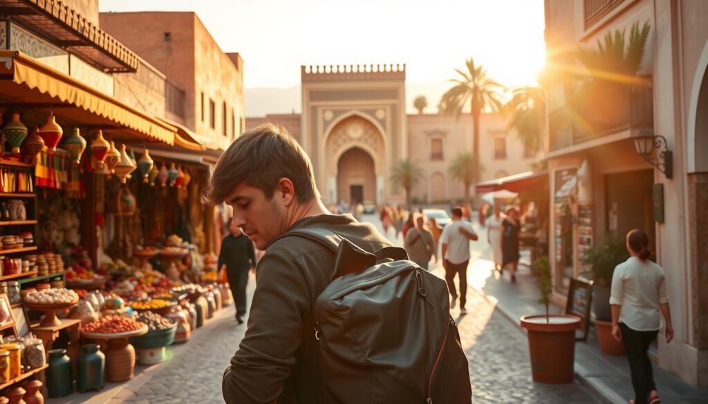 A bustling Moroccan marketplace, with vibrant spice stalls and intricate handicrafts lining the narrow alleyways. In the foreground, a traveler carefully packs their camera, phone, and chargers into a sleek, weatherproof backpack, ready to capture the essence of this colorful country. The middle ground features a stunning architectural landmark, its intricate tilework and ornate arches casting long shadows across the cobblestone streets. In the background, a serene oasis of palm trees and traditional riad homes, hinting at the tranquil respite that awaits the weary explorer. Warm, golden lighting filters through the scene, creating a sense of timeless wonder and the promise of unforgettable memories.