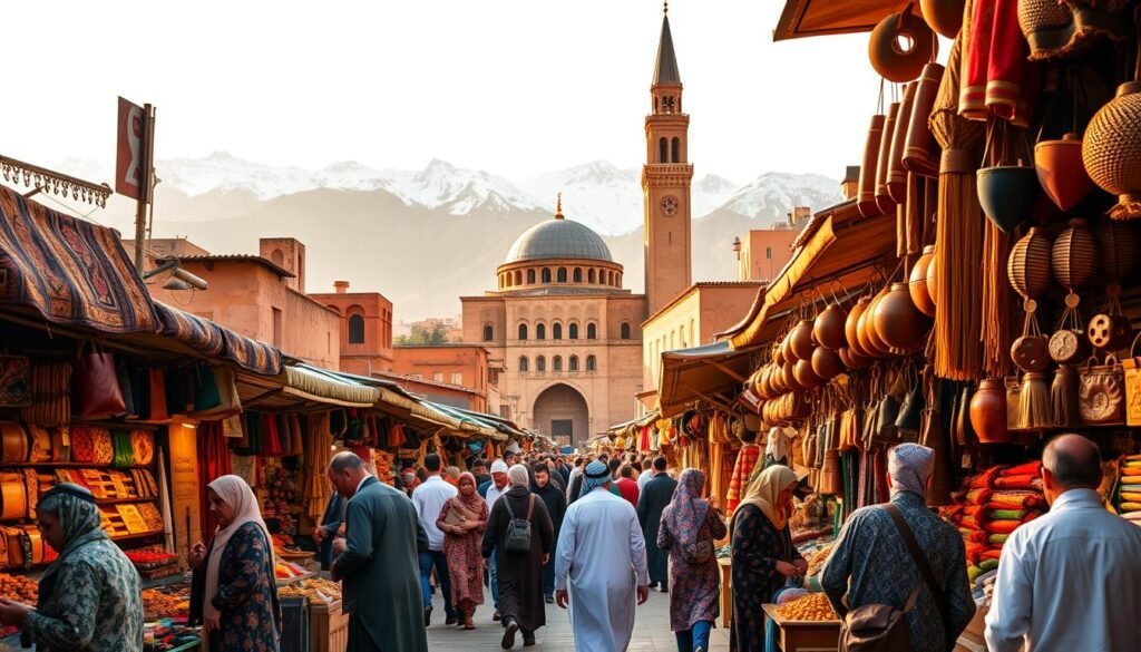 A bustling Moroccan marketplace, with vibrant stalls showcasing ornate textiles, handcrafted leatherwork, and fragrant spices. In the foreground, locals adorned in traditional djellabas and kaftans engage in lively bargaining. The middle ground features the towering minaret of a historic mosque, its intricate architecture casting long shadows across the scene. In the background, snow-capped Atlas Mountains loom, their majestic presence setting the stage for a cultural celebration. Warm, golden lighting illuminates the vibrant colors, creating an atmosphere of festivity and cultural richness.