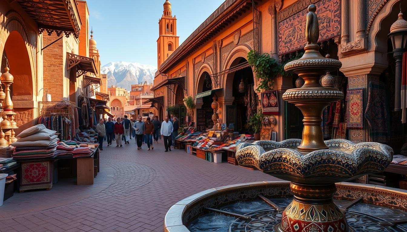 A bustling Moroccan souk, vibrant with the scent of spices and the sound of haggling merchants. In the foreground, a intricate mosaic-tiled fountain, its waters glistening in the warm afternoon light. Winding alleyways lead past ornate archways and ornamental ironwork, revealing glimpses of towering minarets and ochre-hued architecture. In the distance, the snow-capped peaks of the Atlas Mountains rise majestically. Local artisans showcase their handcrafted wares - colorful rugs, gleaming brass lamps, delicate ceramics. An atmosphere of cultural immersion and adventurous discovery permeates the scene.