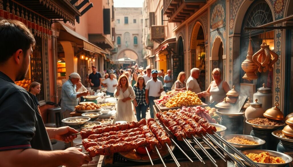 A bustling Moroccan street market comes to life, filled with vibrant stalls offering an array of tantalizing street food. In the foreground, a vendor deftly grills skewers of juicy, spice-rubbed meats, the sizzling aroma wafting through the air. Nearby, colorful displays of fragrant spices, fresh produce, and steaming tagines beckon passersby. In the middle ground, locals and tourists alike navigate the lively crowds, sampling savory pastries, fragrant flatbreads, and sweet treats. The background is a tapestry of traditional architecture, with ornate doorways, intricate tile work, and sun-dappled alleyways. Warm, golden lighting bathes the scene, capturing the vibrant energy and captivating sensory experience of a Moroccan street food adventure.