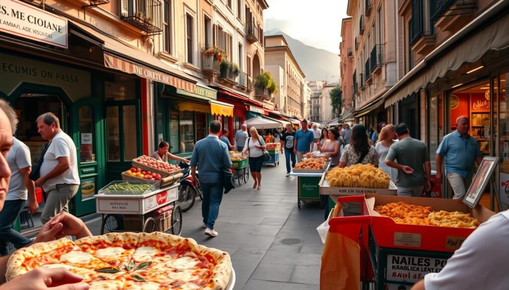 A bustling Naples street scene, with people strolling past vibrant storefronts and cafes. In the foreground, a group of locals enjoying a traditional Neapolitan pizza, the dough perfectly charred and the mozzarella bubbling. Nearby, a family-run pasta shop displays fresh handmade spaghetti and ravioli. In the middle ground, colorful produce carts line the sidewalk, and the aroma of espresso and fresh-baked bread fills the air. In the background, the iconic silhouette of Mount Vesuvius looms, a reminder of the city's rich history. The scene is bathed in warm, golden light, capturing the authentic atmosphere of Naples' celebrated culinary scene.