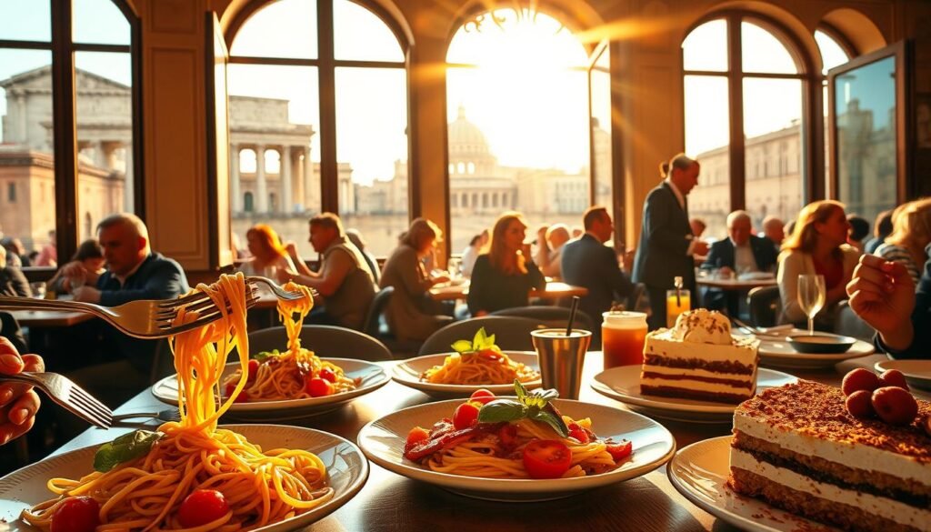 A bustling Roman trattoria, bathed in warm, golden light streaming through large windows. In the foreground, a table laden with classic Italian dishes - fresh pasta twirling around forks, glistening tomatoes and basil leaves, a decadent tiramisu. Artful plating showcases the culinary mastery of the chefs. The middle ground reveals well-dressed patrons savoring their meals, animated conversations and laughter filling the air. In the background, ancient Roman monuments peek through the windows, a testament to the city's storied history. The atmosphere exudes comfort, indulgence, and a celebration of Italian culinary delights.