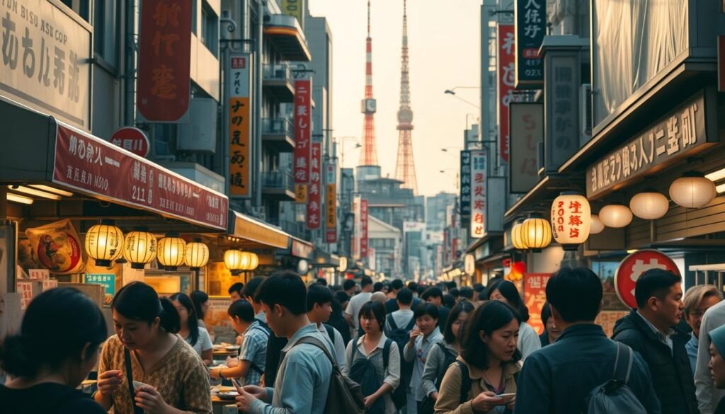 A bustling Tokyo street lined with colorful stalls, the air thick with the tantalizing aroma of sizzling takoyaki, freshly grilled yakisoba, and steaming ramen. In the foreground, a group of locals and tourists savor these iconic Japanese delicacies, their faces illuminated by the warm glow of lanterns. The middle ground features a mix of traditional and modern architecture, with the iconic Tokyo Tower peeking out in the distance. The scene is bathed in a soft, golden light, creating a cozy and inviting atmosphere that captures the essence of Tokyo's vibrant street food culture.