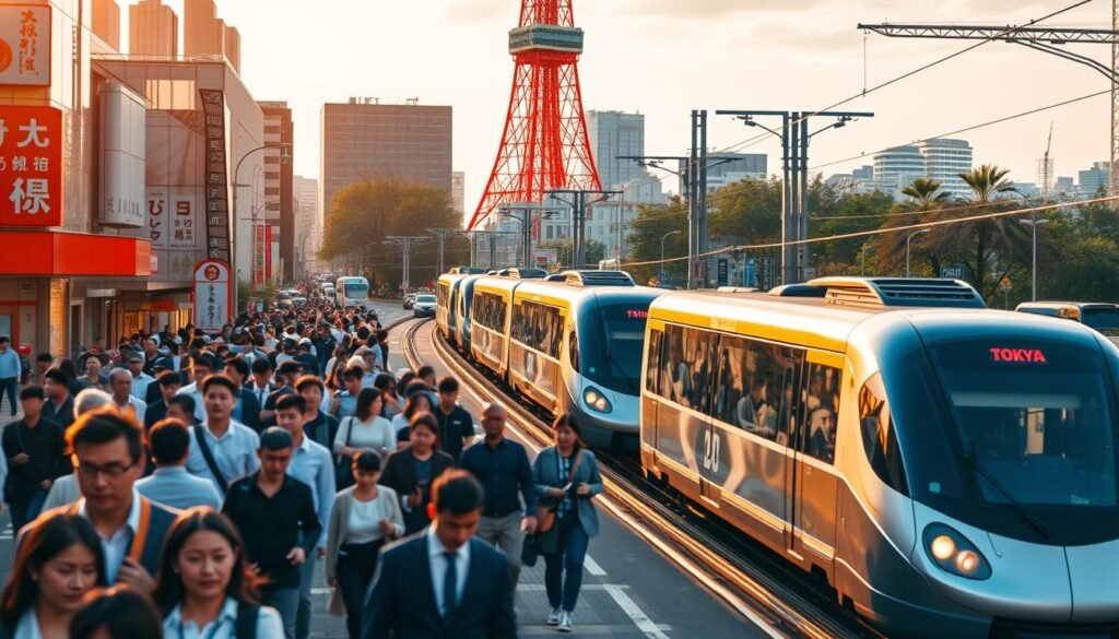 A bustling Tokyo street scene, with a dynamic mix of commuters and vehicles in motion. In the foreground, a crowd of people hurry past, dressed in a colorful array of business attire and casual wear. In the middle ground, a fleet of shiny, high-tech trains glide along elevated tracks, their sleek designs reflecting the city's modern aesthetic. In the background, the iconic Tokyo Tower rises majestically, its vibrant red-and-white silhouette framed by a soft, diffused sky. The scene is bathed in a warm, golden light, evoking a sense of energy and efficiency that epitomizes the city's transportation system. The overall composition conveys the fast-paced, interconnected nature of navigating Tokyo, a visual representation of the "Navigating Tokyo: Tips for Getting Around" section.