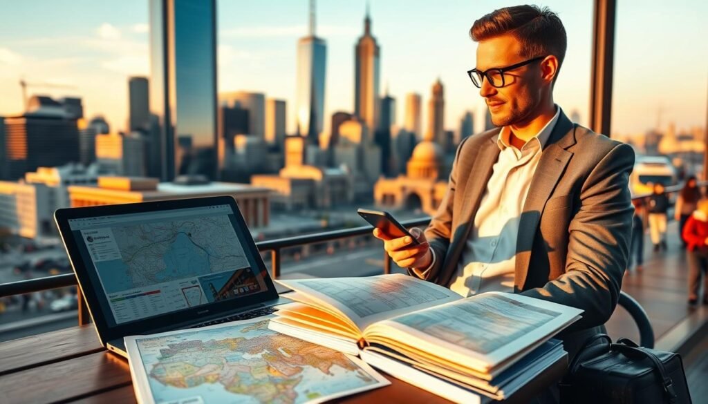 A bustling city skyline at golden hour, with a well-dressed traveler seated at a cafe table, laptop open and smartphone in hand. The foreground features an array of travel planning tools - a map, guidebook, and a meticulously organized itinerary. The middle ground showcases iconic landmarks like towering skyscrapers and historic monuments, all bathed in a warm, golden light. The background is a blur of pedestrians and vehicles, evoking the dynamic energy of the urban environment. The overall atmosphere conveys a sense of productivity, connectivity, and the thrill of exploring a new destination.