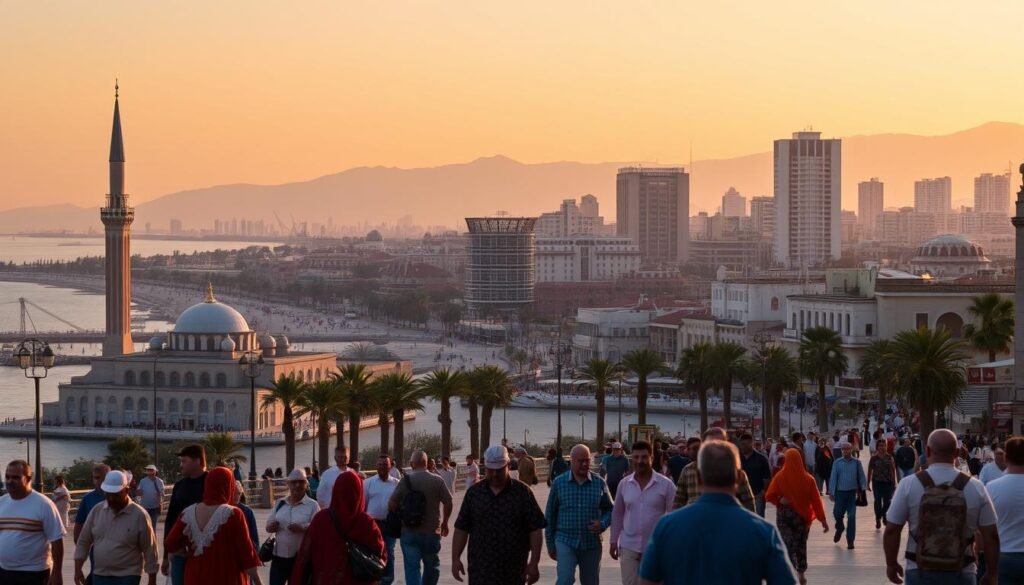A bustling city skyline under a warm, golden-hour glow. In the foreground, locals in traditional Moroccan dress navigate the lively streets, pausing to admire the iconic Hassan II Mosque, its towering minaret a striking silhouette against the sky. In the middle ground, the Corniche promenade stretches along the Atlantic coast, dotted with palm trees and cafes. In the background, the Art Deco architecture of colonial-era Casablanca blends seamlessly with the modern high-rises, creating a unique and vibrant cityscape. The overall scene captures the essence of Casablanca's cultural heritage and contemporary dynamism.