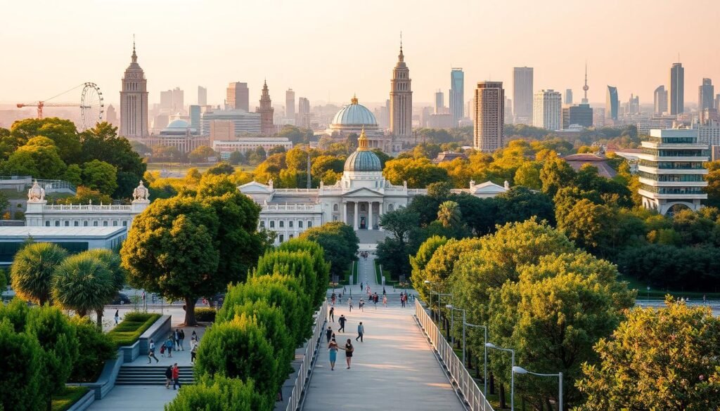 A bustling city skyline where modern architecture and lush greenery seamlessly coexist. In the foreground, pedestrians stroll along a tree-lined promenade, their colorful clothing and casual habits reflecting the fusion of urban and natural elements. The middle ground showcases iconic monuments and architectural wonders, their facades adorned with intricate details that create a harmonious blend of styles. The background is a panoramic view of the cityscape, with towering skyscrapers and verdant parks intertwined, bathed in a warm, golden light that emanates a sense of balance and harmony. The composition emphasizes the symbiotic relationship between the built environment and the natural world, capturing the essence of innovative urban design with nature.
