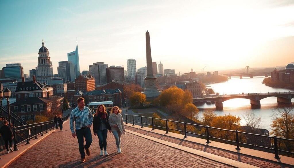 A bustling city skyline with iconic landmarks such as the Massachusetts State House, Trinity Church, and the Boston Common. In the foreground, a family of four strolls along the historic cobblestone streets, dressed in casual yet stylish attire. The middle ground features the towering Bunker Hill Monument, casting a shadow across the scene. In the background, the Charles River flows peacefully, reflecting the warm hues of the setting sun. The image conveys a sense of timeless wonder, blending the past and present, inviting viewers to embark on a historic journey through the vibrant city of Boston.