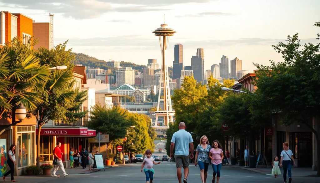 A bustling city skyline, with the iconic Space Needle soaring high into the sky, surrounded by lush, verdant hills and the glistening waters of Elliott Bay. In the foreground, a family of four strolls along the vibrant, tree-lined streets, taking in the vibrant murals, quaint shops, and local street performers that define Seattle's creative spirit. The warm, golden light of the setting sun casts a soft glow over the scene, highlighting the city's unique blend of modern architecture and historic charm. The atmosphere is one of discovery, wonder, and a sense of adventure, perfectly capturing the essence of Seattle as a must-visit destination for families.