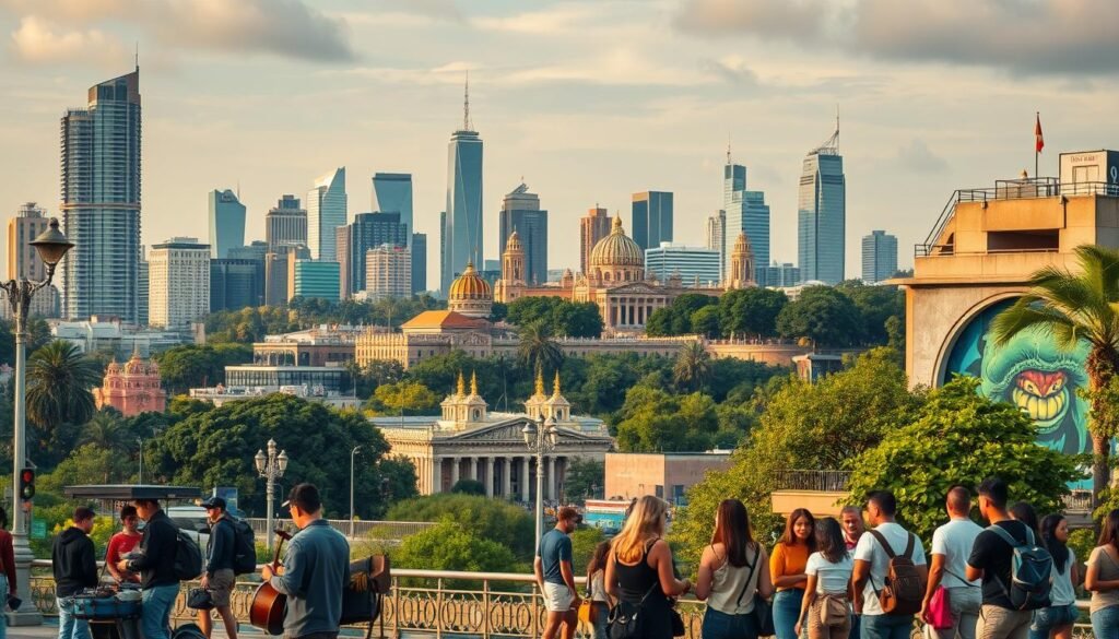 A bustling city skyline with towering skyscrapers and modern architecture, juxtaposed against lush, verdant landscapes. In the foreground, a diverse group of people engage in various urban activities - a street food vendor, a musician playing a traditional instrument, and a group of friends admiring a striking mural on a building wall. The middle ground features a blend of old and new, with historic monuments and landmarks interwoven with contemporary public spaces and art installations. The background is bathed in a warm, golden hour glow, creating a sense of harmony and balance between the natural and the man-made. The overall scene conveys a vibrant, forward-thinking vision of urban culture, where the past and the future coexist in a visually captivating fusion.