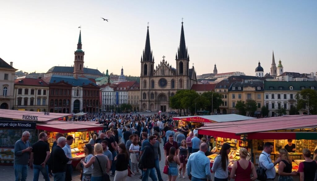 A bustling city square in Cluj-Napoca, Romania, bathed in warm evening light. In the foreground, locals and visitors mingle, engaged in lively conversations and browsing the stalls of a vibrant outdoor market, showcasing traditional handicrafts, regional cuisine, and vibrant textiles. In the middle ground, the iconic Saint Michael's Church stands tall, its Gothic spires reaching towards the sky. In the background, historic buildings and monuments dot the skyline, creating a picturesque urban landscape. The scene is infused with a sense of cultural richness, where the past and present seamlessly intertwine, inviting the viewer to immerse themselves in the dynamic cultural tapestry of this underrated European gem.