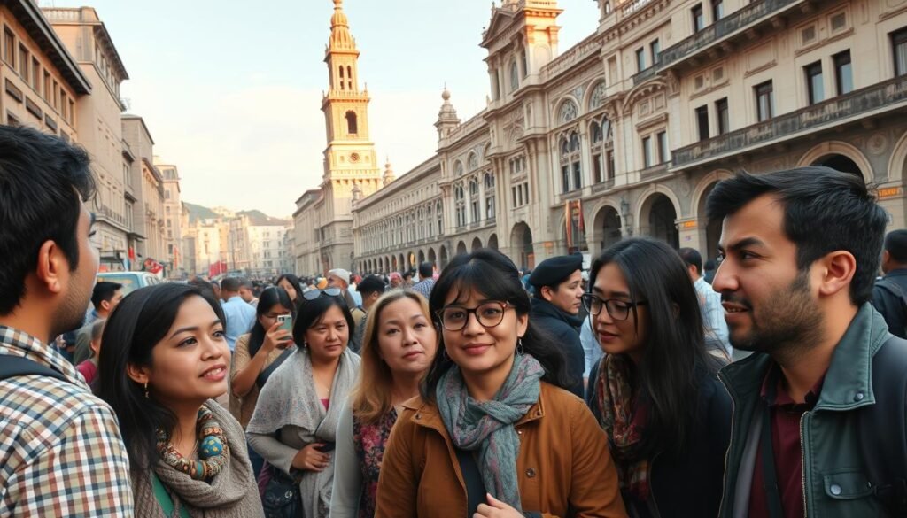A bustling city square, with towering landmarks and vibrant street life. In the foreground, a group of travelers from diverse backgrounds, engaged in animated conversation, their expressions a mix of confusion and curiosity. The middle ground showcases locals going about their daily routines, their unique mannerisms and traditional attire adding to the cultural richness. In the background, a stunning architectural marvel, its ornate facade bathed in warm, golden light, symbolizing the grandeur and mystery of a foreign land. The mood is one of discovery, as the travelers navigate the language barriers, their eyes filled with a sense of adventure and a desire to connect.