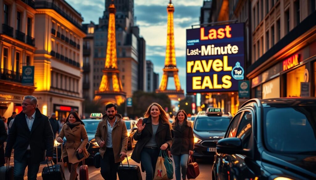 A bustling city street at dusk, the iconic landmarks of Paris or New York visible in the distance. In the foreground, a group of stylishly dressed travelers hurrying to catch a cab, their luggage in hand, excitement and anticipation in their expressions. The mid-ground features a digital billboard flashing "Last-Minute Travel Deals" in vibrant colors, drawing the eye. Warm, golden lighting casts a cozy glow, while a slight blur in the background suggests the hurried pace of a city on the move. The overall mood is one of spontaneity, opportunity, and the thrill of discovering new places on a whim.