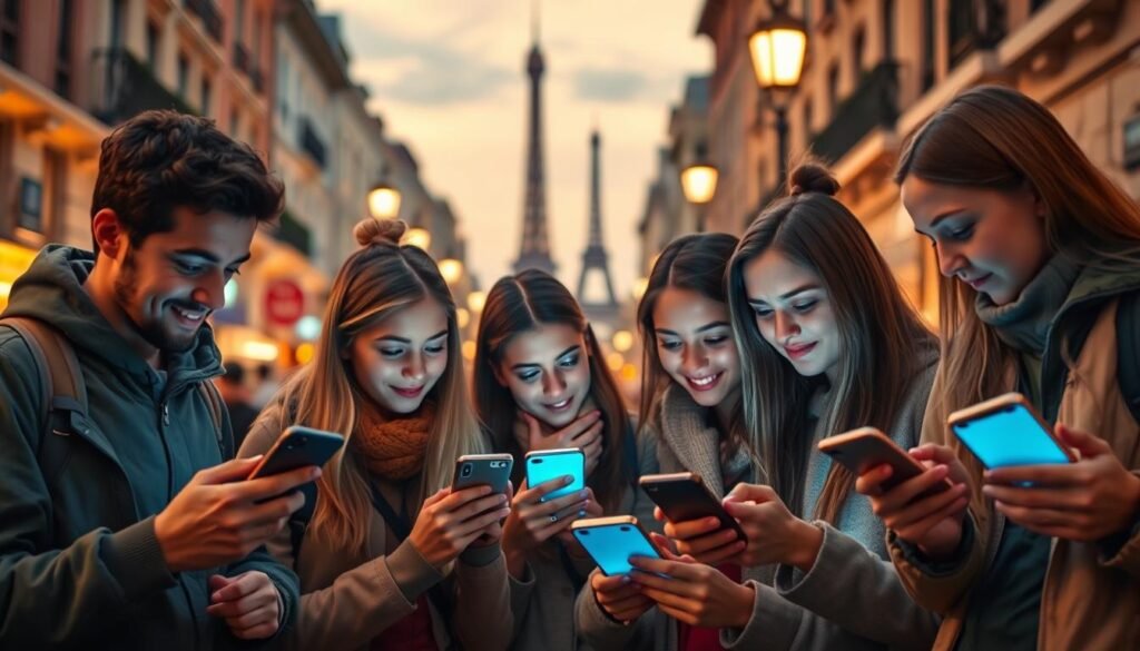 A bustling city street at dusk, with a group of young travelers gathered around their smartphones, intently comparing travel apps on their screens. The warm glow of street lamps casts a cozy ambiance, while in the background, iconic landmarks like the Eiffel Tower or the Statue of Liberty loom, hinting at the grand destinations these budget-conscious adventurers aim to explore. The travelers are casually dressed in comfortable, practical attire, their faces illuminated by the soft blue glow of their devices as they navigate the best deals and discounts for accommodations, flights, and activities. The overall scene conveys a sense of excitement and possibility, as these savvy travelers leverage the power of technology to plan an affordable, yet enriching journey.