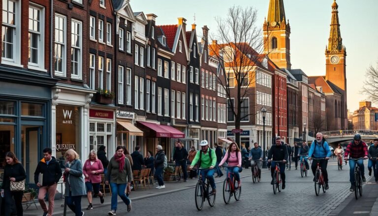 A bustling city street in Amsterdam, cobblestones underfoot, lined with charming 17th-century canal houses and cafes. In the foreground, a group of pedestrians strolling leisurely, admiring the architecture and window displays. In the middle ground, bicyclists weave through the lively traffic, their colorful attire adding to the vibrant atmosphere. The background features iconic landmarks like the Westerkerk church tower and the Prinsengracht canal, bathed in warm, golden afternoon light. The scene conveys the walkable, human-centric nature of exploring Amsterdam on foot, capturing the city's timeless elegance and the relaxed pace of life.