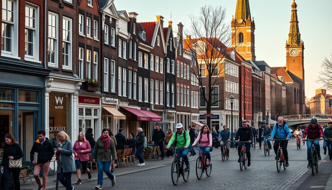 A bustling city street in Amsterdam, cobblestones underfoot, lined with charming 17th-century canal houses and cafes. In the foreground, a group of pedestrians strolling leisurely, admiring the architecture and window displays. In the middle ground, bicyclists weave through the lively traffic, their colorful attire adding to the vibrant atmosphere. The background features iconic landmarks like the Westerkerk church tower and the Prinsengracht canal, bathed in warm, golden afternoon light. The scene conveys the walkable, human-centric nature of exploring Amsterdam on foot, capturing the city's timeless elegance and the relaxed pace of life.