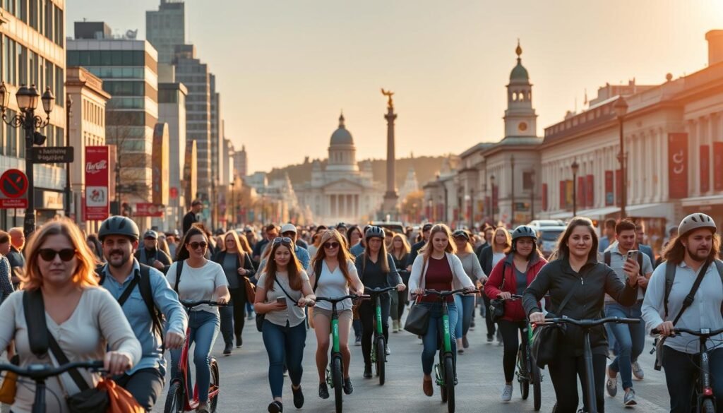 A bustling city street, teeming with locals and tourists navigating the urban landscape. In the foreground, a group of people utilizing various transportation hacks - folding bikes, electric scooters, and rideshare apps displayed on their smartphones. The middle ground features iconic landmarks and monuments, bathed in warm, golden hour lighting that casts long shadows across the scene. In the background, a blend of modern and historical architecture frames the dynamic transportation activity. The overall atmosphere conveys a sense of efficiency, innovation, and the collective experience of discovering a new city through the lens of accessible, alternative mobility options.