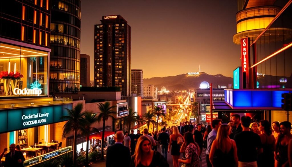 A bustling cityscape illuminated by the neon glow of nightlife. In the foreground, sleek high-rise buildings and chic cocktail lounges, their facades shimmering with a modern, cosmopolitan elegance. Mid-frame, a lively street scene unfolds, with stylishly dressed partygoers spilling out of trendy clubs, their movements caught in a cinematic blur. In the background, iconic landmarks like the Hollywood Sign and the Griffith Observatory stand as silent sentinels, their silhouettes casting a dreamlike quality over the nocturnal landscape. The lighting is warm and inviting, casting a golden hue that infuses the scene with a palpable sense of energy and excitement. A cinematic, wide-angle lens captures the dynamic interplay of architecture, nightlife, and the ever-present allure of Los Angeles under the stars.