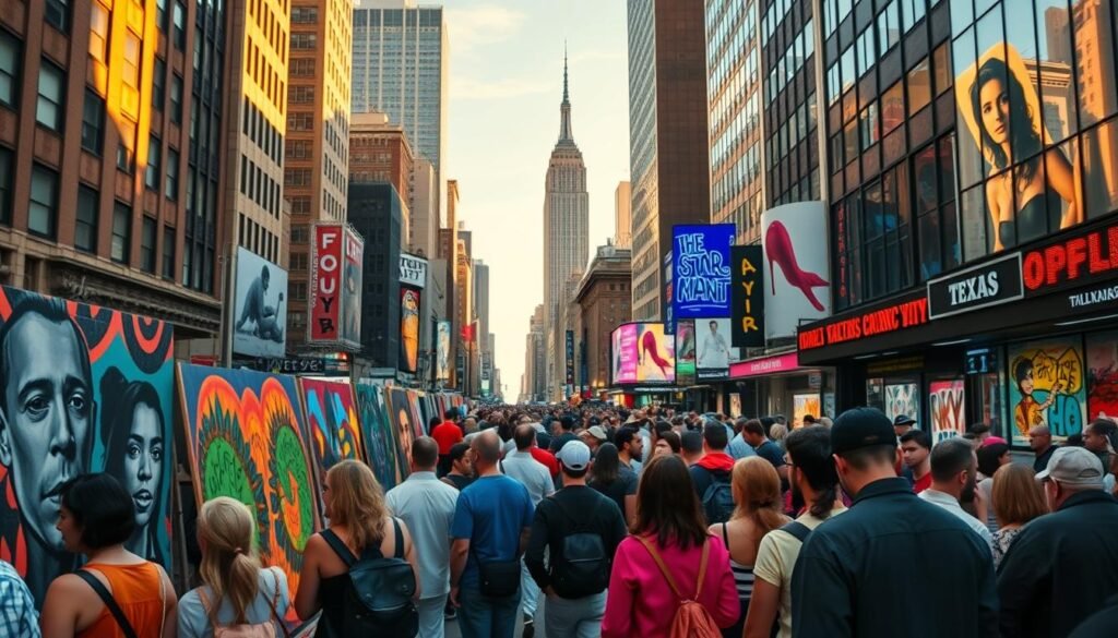 A bustling cityscape of New York City, its vibrant art scene on full display. In the foreground, a diverse crowd of fashionable individuals admiring street murals, their colorful attire complementing the vivid hues of the paintings. In the middle ground, towering skyscrapers and iconic landmarks like the Empire State Building frame the scene, bathed in warm, golden afternoon light. The background is a kaleidoscope of neon signs, gallery windows, and pulsing nightlife, capturing the energy and creativity that permeates every street. The overall atmosphere is one of excitement, inspiration, and a celebration of the city's unparalleled artistic spirit.