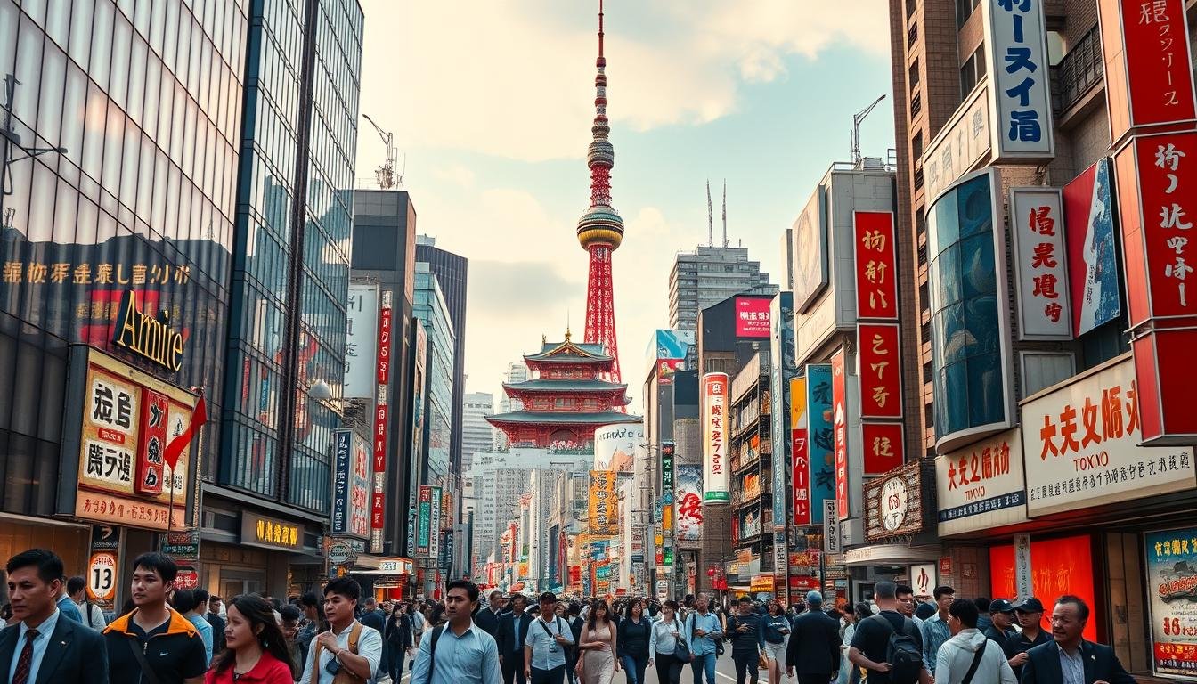 A bustling cityscape of Tokyo, captured in vibrant hues and intricate details. In the foreground, pedestrians clad in contemporary fashions navigate the lively streets, their movements reflected in the sleek glass facades of towering skyscrapers. In the middle ground, iconic landmarks like the Imperial Palace and the Tokyo Skytree rise majestically, their timeless silhouettes juxtaposed against the modern skyline. The background is a symphony of neon lights, vibrant billboards, and the bustling energy of this cosmopolitan metropolis. Soft, warm lighting bathes the scene, creating a captivating atmosphere of dynamic urban exploration. Captured through a wide-angle lens, this image invites the viewer to immerse themselves in the vibrant heart of Tokyo, where ancient traditions and cutting-edge modernity coexist in perfect harmony.