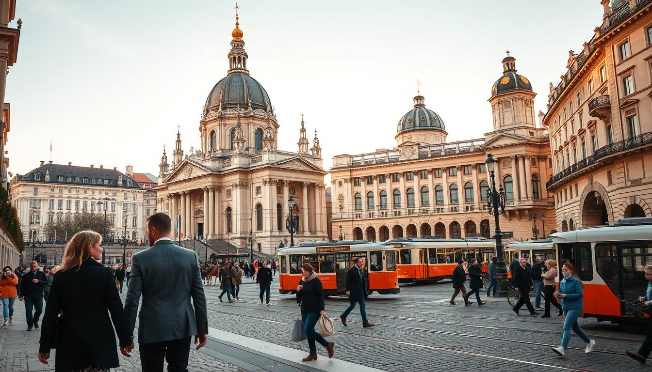 A bustling cityscape of Vienna, captured in a vibrant, documentary-style photograph. In the foreground, a well-dressed couple strolls past the iconic Baroque architecture of St. Stephen's Cathedral, its spires reaching skyward against a crisp, azure backdrop. In the middle ground, pedestrians navigate the cobblestone streets, weaving between trams and horse-drawn carriages as they go about their daily rituals. In the background, the historic Hofburg Palace and Ringstrasse come into view, showcasing the city's timeless blend of old-world charm and modern vibrancy. The image is suffused with warm, golden lighting, creating a sense of warmth and timelessness, inviting the viewer to step into the itinerary of this iconic European destination.