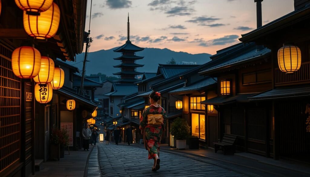 A bustling geisha district in Kyoto, Japan, captured in the soft, warm glow of golden lanterns. In the foreground, a graceful geisha in a vibrant kimono glides down a narrow cobblestone lane, her traditional wooden sandals clicking against the stones. The middle ground reveals charming machiya townhouses, their latticed windows and intricate wooden facades aglow. In the background, the iconic silhouettes of Kyoto's historic temples and shrines stand tall, their pagodas and roofs silhouetted against a dusky sky. The scene exudes an air of timeless elegance, a harmonious blend of tradition, culture, and the captivating allure of Kyoto's geisha heritage.