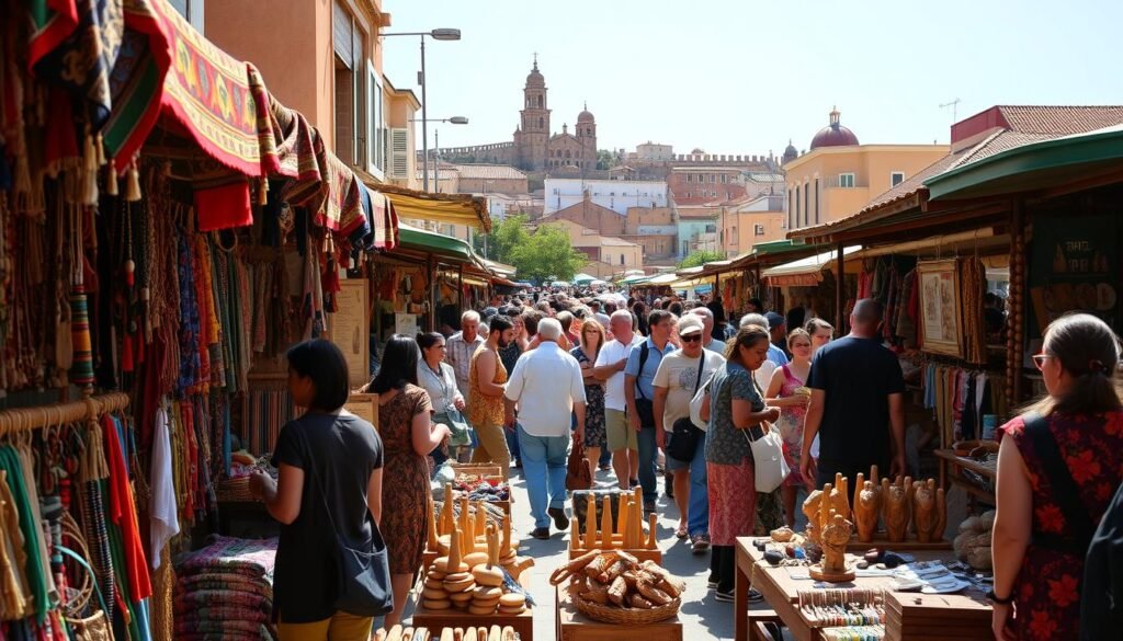 A bustling local artisan market, filled with vibrant colors and the lively energy of handcrafted wares. In the foreground, artisans display their unique creations - intricate textiles, artisanal jewelry, and handcarved wooden sculptures. The middle ground showcases the diverse crowd, local residents and curious visitors alike, browsing the stalls and engaging with the makers. In the background, historic buildings and landmarks provide a picturesque backdrop, hinting at the rich cultural heritage of the area. Warm, natural lighting bathes the scene, accentuating the organic textures and artisanal details. An atmosphere of authenticity and community permeates the air, inviting the viewer to step into this authentic, off-the-beaten-path shopping experience.