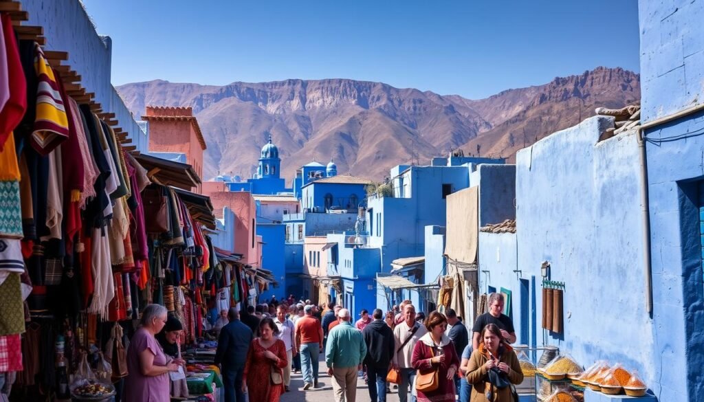 A bustling marketplace in the heart of Chefchaouen, the "Blue Pearl of Morocco". In the foreground, locals and visitors haggle over vibrant textiles, leather goods, and fragrant spices, their colorful traditional garments adding a lively energy. The middle ground features the iconic blue-washed buildings and narrow alleyways, sunlight filtering through and casting warm shadows. In the background, the majestic Rif Mountains rise, their rugged peaks creating a stunning natural backdrop. The scene conveys the essence of Chefchaouen's unique blend of culture, commerce, and breathtaking natural beauty, inviting the viewer to explore this enchanting Moroccan destination.