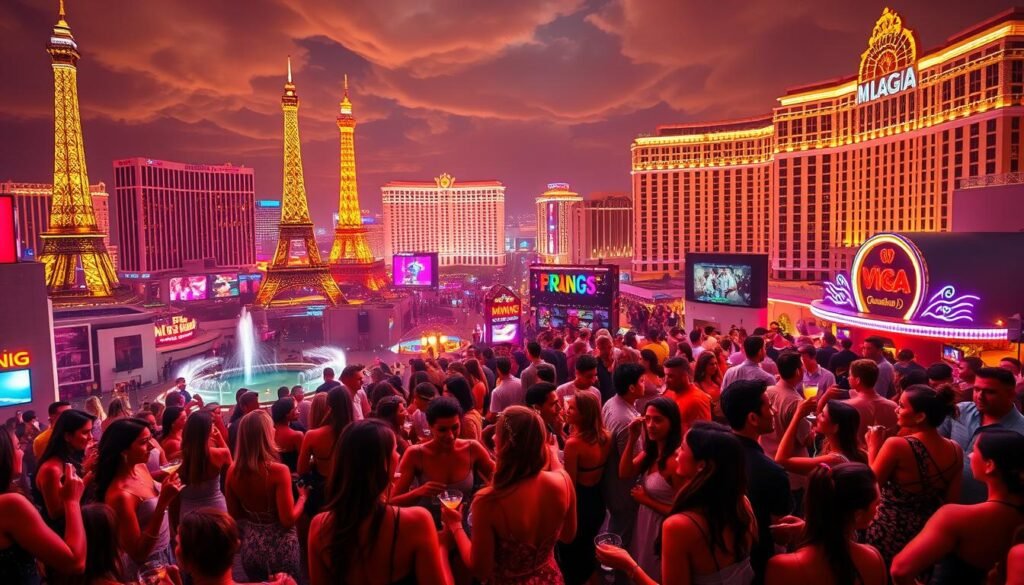 A bustling, neon-lit city skyline with iconic landmarks like the Eiffel Tower replica, the Bellagio Fountains, and the MGM Grand illuminating the night sky. In the foreground, a lively crowd of partygoers adorned in glamorous attire, dancing and mingling under the glow of multicolored lights. Cocktails in hand, they exude an atmosphere of excitement and hedonism. The scene is bathed in a warm, golden hue, capturing the vibrant energy and indulgent spirit of Las Vegas nightlife. Wide-angle lens, cinematic composition, hyper-realistic rendering.