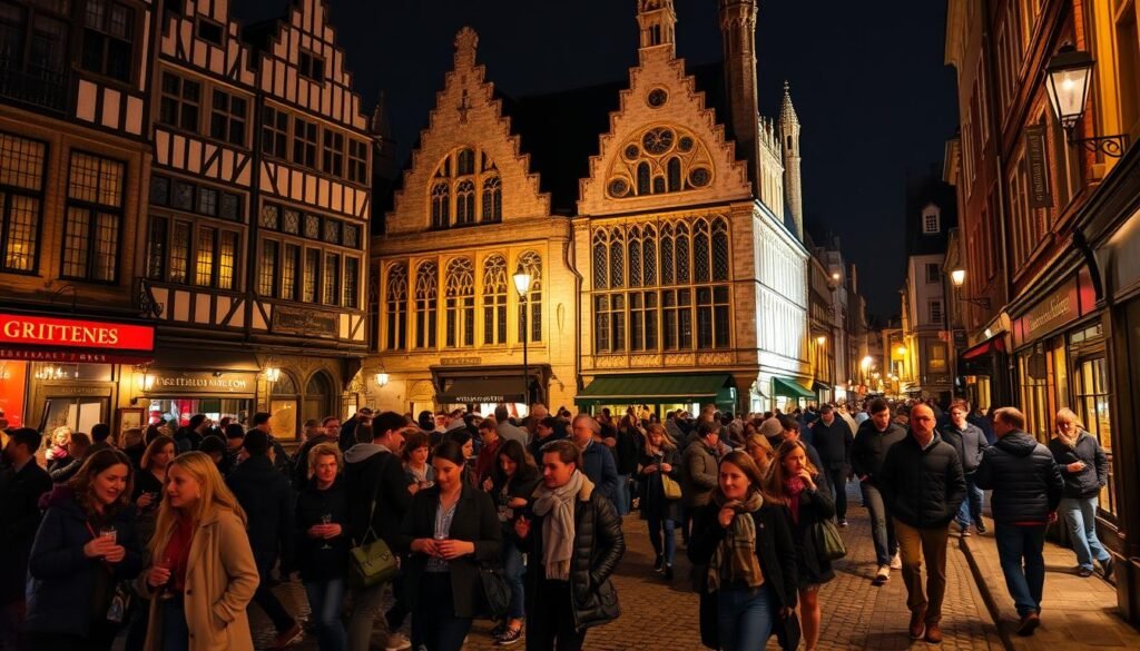 A bustling night in the historic city of Ghent, Belgium. The cobblestone streets are alive with revelers spilling out from cozy pubs, their laughter and chatter mingling with the gentle chime of church bells. Ornate medieval architecture casts long shadows across the scene, its weathered stone facades glowing under the warm streetlights. In the foreground, locals and visitors alike stroll by, clad in stylish casual attire, sipping Belgian ales and sampling local delicacies. The air is crisp and invigorating, infused with the scent of roasted chestnuts and mulled wine. A sense of timeless charm and vibrant energy permeates the Ghent nightlife, inviting all to immerse themselves in the magic of this underrated European gem.