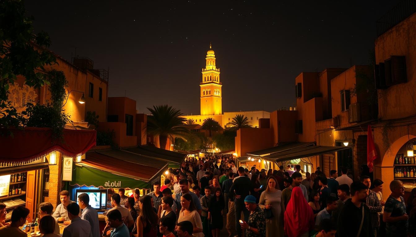 A bustling night scene in the heart of Marrakech, Morocco. In the foreground, vibrant crowds spill out of lively cafes and bars, immersed in the lively rhythms of local music and the enticing aromas of spiced cuisine. The middle ground reveals the iconic Koutoubia Mosque, its towering minaret silhouetted against a starry sky. Winding alleyways lead to hidden courtyards where locals and revelers mingle, their colorful traditional garments adding to the atmospheric ambiance. Warm, golden lighting casts a welcoming glow, inviting the viewer to step into this lively, never-sleeping city.