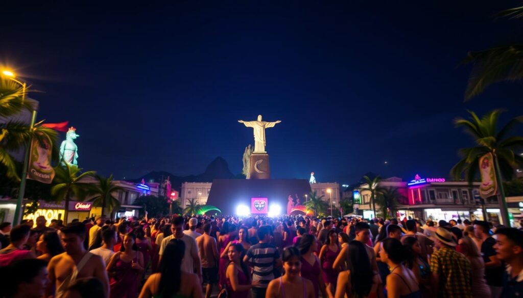 A bustling nightscape in Rio de Janeiro, Brazil, illuminated by the warm glow of neon lights and the rhythmic energy of carnival celebrations. In the foreground, lively crowds in vibrant costumes dance to the beat of samba music, their movements captured in a dynamic, low-angle shot. The middle ground features iconic landmarks like the Christ the Redeemer statue and Sugarloaf Mountain, their silhouettes silhouetted against a deep, indigo sky. The background is a blur of colorful buildings, palm trees, and the sparkling waters of Guanabara Bay, creating a sense of depth and immersion. The overall mood is one of excitement, celebration, and the intoxicating spirit of Rio's legendary nightlife.