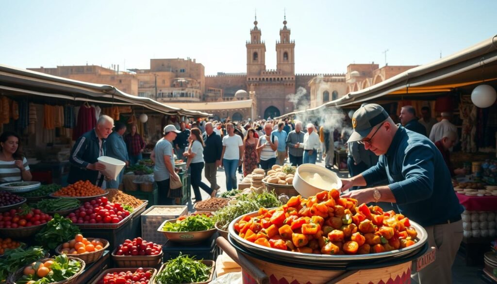 A bustling open-air market in the heart of Fez, Morocco, where the scents of spices, sizzling meats, and freshly baked breads mingle in the warm air. Vibrant stalls display an array of colorful produce, from ruby-red tomatoes to emerald-green herbs. In the foreground, a skilled vendor carefully arranges a platter of steaming tagine, the iconic slow-cooked Moroccan dish, its fragrant steam rising into the sunlit atmosphere. In the middle ground, locals and visitors alike weave through the bustling aisles, sampling delicacies and chatting animatedly. In the background, the towering minarets and ancient walls of Fez's historic medina lend a timeless, atmospheric quality to the scene, conveying the city's rich cultural heritage and culinary traditions.